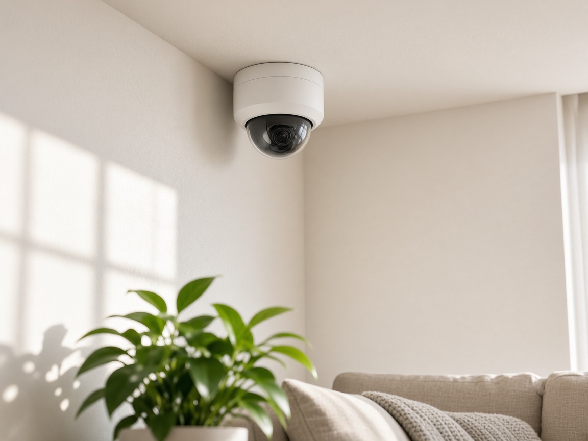 A small dome camera in the corner of a bright living room