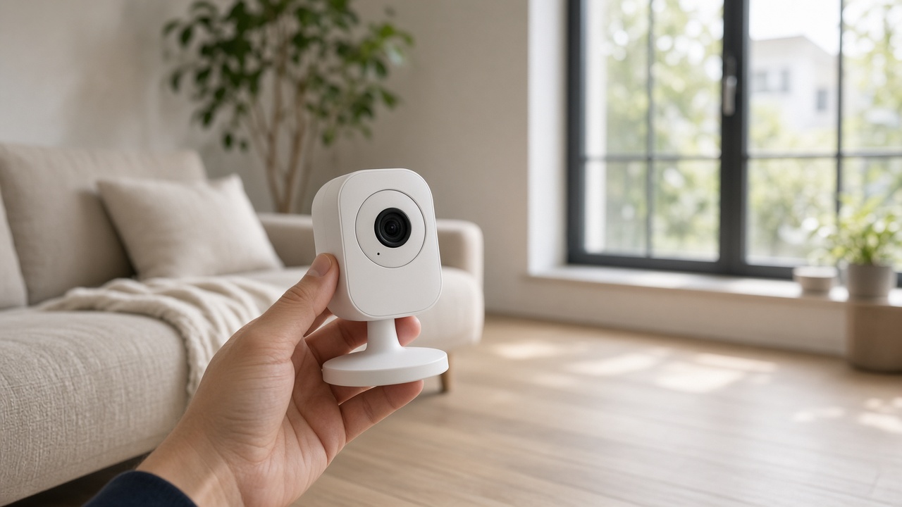 A hand holding a compact white home camera in a sunlit living room