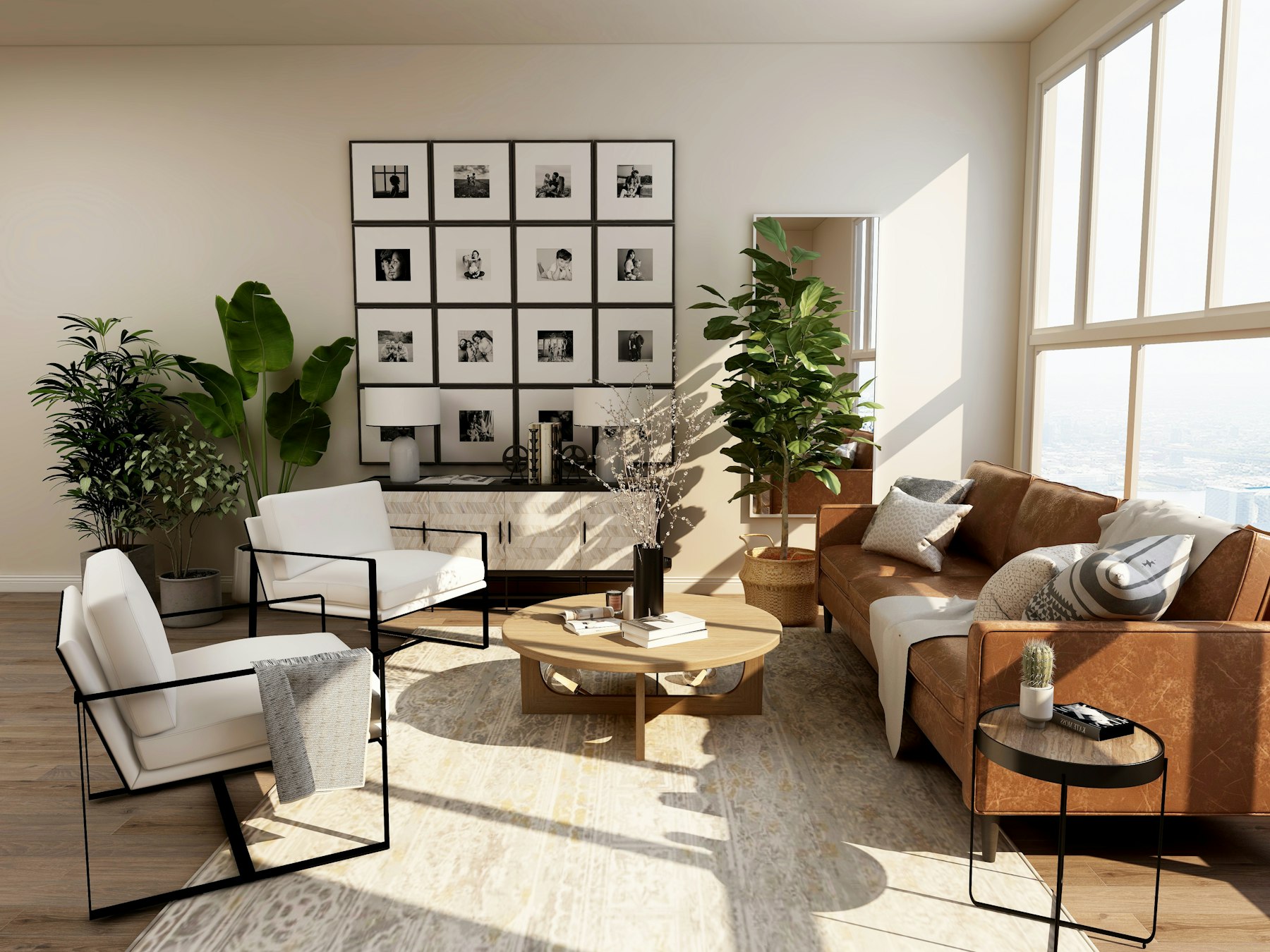 Bright living room with a sofa and plants
